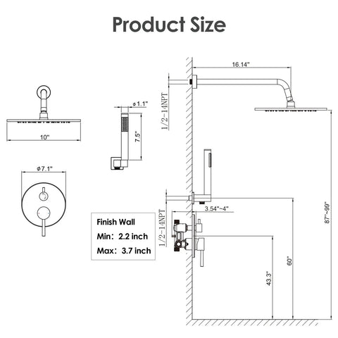 All In One Shower System With 8 Inch Rain Shower Head And Handheld Sprayer Wall Mounted Brushed Nickel Fixtures Pressure Balancing Valve Diverter High Flow Water Pressure Easy Install For A Spa Like Dope Shower Experience dimensions diagram and measurements