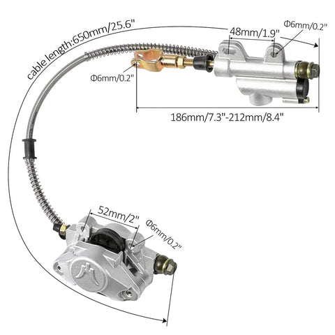 Hydraulic brake caliper kit with measurements for Beefed Up 44 Inch Rear Live Axle Kit With 530 Chain, shown close-up