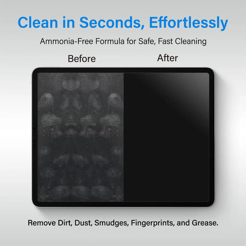 Before and after comparison of tablet cleaned with Streak Free Crystal Clear Electronic Wipes For Screens Pre Moistened Screen Cleaner Wipes For Phone Laptop Monitor Car Screen And Glasses Non Scratch Formula 240 Count No Fuss.