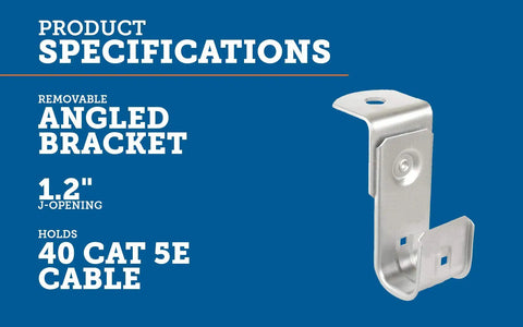 1-5/16 Inch J Hook With Removable Angle Bracket For Ceiling Mounts In Zinc Plated Steel Holds Up To 40 Cat 5e Cables Durable Cable Management Solution