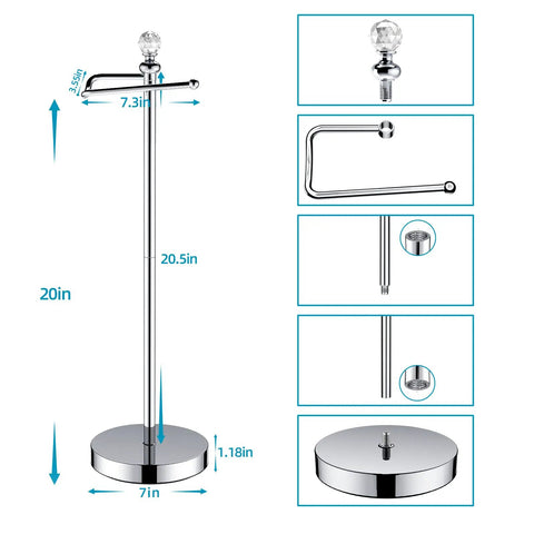 Reserve Function Free Standing Toilet Paper Holder With Crystal Finial In Chrome Finish Easy Install No Tools Required Space Saving Bathroom Stand 24.4 Inch Tall Toilet Roll Holder With Modern Chrome Look, showing dimensions and components