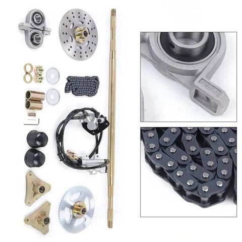29 Inch Drift Trike Rear Axle Complete Kit With Disc Brake Assembly T8F 58T Chain, components laid out, close-up details