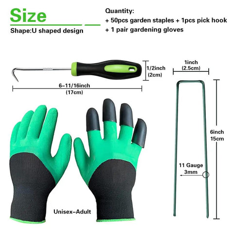 Heavy Duty Green Landscape Staples 50 Pack 6 Inch Garden Stakes For Turf And Ground Fabric 11 Gauge Galvanized Lawn Pins Ideal For Weed Barrier Sod Fences Irrigation Tubing And Outdoor DIY Projects shown with gloves and pick hook.