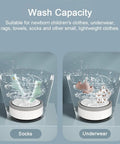 Compact Clothes Washing Machine With Kickin Double Turbo Drum That Washes Away Stubborn Marks Slick Space Saving Profile Paired With Usb Rechargeable Cell For Zero Stress Laundry Routines Anywhere You Go showing wash capacity for socks and underwear in action.