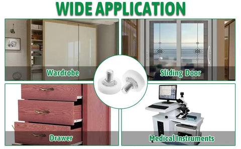 Slick Rolling Nylon Bearing Rollers With Heavy Duty Stainless Steel Threaded Rods For Silky Smooth Sliding Door Track Guides And Hassle Free Diy Hardware Fixes Pair showcasing applications in wardrobe, sliding door, drawer, and medical instruments.