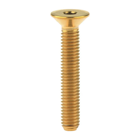 Premium Gr5 Titanium Countersunk Flat Head Bolts M5 X 30Mm Sweet Gold Finish Hex Allen Drive showing flat head and threaded shaft.