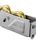 Top Shelf Stainless Steel And Copper Double Wheel Pulley Rollers For Sliding Doors And Windows Bulletproof Heavy Duty Silent Cabinet Track Wheels With No Sweat Install 2 Pack close-up of dual gold wheels in stainless housing.