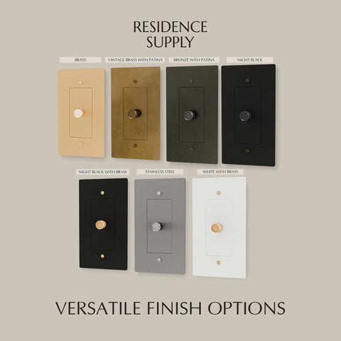 Bulletproof Quality Solid Brass Rotary Dimmer Switch Featuring UL Certified Safety Ratings shown in multiple finish options.