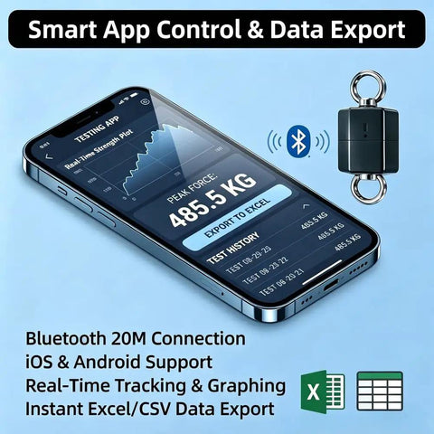 Heavy Duty Digital Force Gauge And Push Pull Tester With Bluetooth App Sync showing app interface tracking 485.5 kg during exercises.