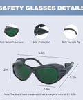 Pro Grade LED Red And Blue Light Therapy Glasses with anti-scratch lenses and side protection, measuring 5.5in x 2.6in.