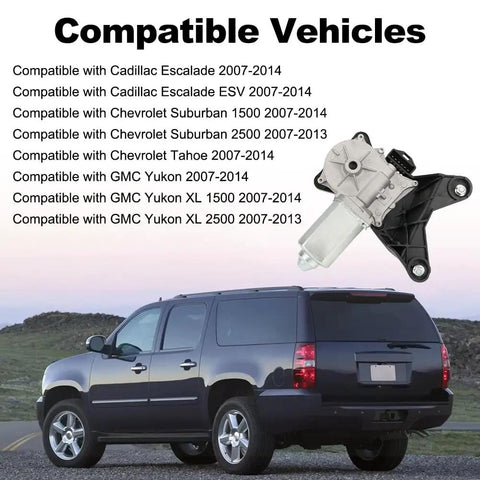 Direct Fit Rear Wiper Motor For Cadillac Escalade And ESV 2007 To 2014 Plus Chevrolet Suburban 1500 sits near SUV.