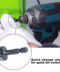Close-up of M2 HSS quick-change drill bit 3/16–7/8 in with hex shank installed in cordless drill.