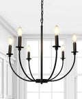 Six Light Black Farmhouse Industrial Metal Chandelier With Classic Candle Pendant Style For Dining Room Kitchen Living Spaces E12 Ceiling Fixture Vintage Chic Vibe Lighting hanging in a bright room