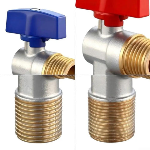 Heavy Gauge 1/2 Inch Brass Angle Stop Valve Built Tough As Nails With A Full Port Design, close-up of valve handles.