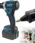 Badass Cordless Rivet Gun Electric Rivet Nut Tool Kit With Dual Rechargeable Batteries And Sixteen Pull Heads on a workbench.