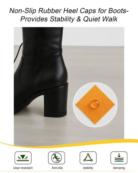 Side view of a black boot with non-slip rubber heel cap from 8 Piece Heel Cap Replacement Kit For Boots With Non Slip Rubber Heel Caps And Chunky Heel Tips Plus 40 Shoe Nails For High Heels Boots And Shoes Home Shoe Repair Tool Kit, highlighting stability features.