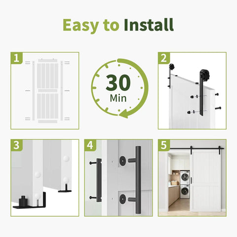 Installation guide for White Interior Sliding Barn Door 38 By 84 Inches With Heavy Duty Track showing steps for setup.