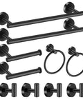 Matte Black 10 Piece Bathroom Hardware Set includes two 24 inch towel bars, towel ring, toilet paper holder, and four robe hooks rustproof metal bath accessories for a modern home upgrade