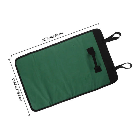 Green open Multi Functional Chef Knife Roll Bag With Pockets And Handle For Kitchen And Outdoor Camping, showing dimensions