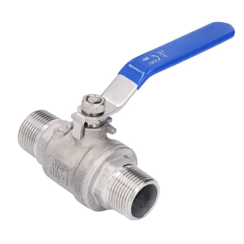 Dang Tough 3/4 Inch Stainless Steel Manual Shutoff Valve With Male Threads Heavy Duty Plumbing Fitting with blue handle and threaded ends