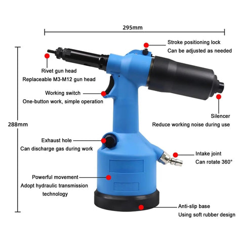 Full Auto Pneumatic Hydraulic Rivet Nut Gun Set M3 To M12 One Click Reversal 7Mm Stroke labeled diagram showing features and adjustments.
