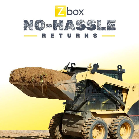 Zbox no-hassle returns banner with skid-steer loader moving soil