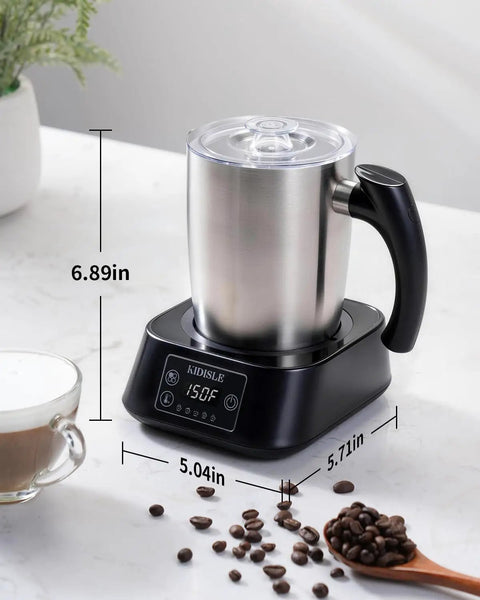 5 In 1 Milk Frother And Steamer With Adjustable Temperature 17 Oz Detachable Frother on counter with coffee beans