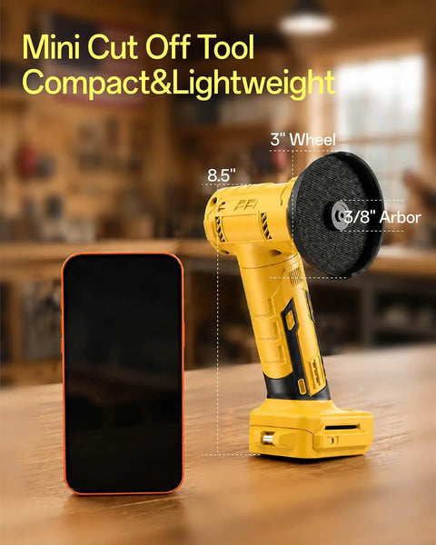 Tough As Nails Compact Three Inch Brushless Circular Saw Slides Right On To Your DeWalt 20 Volt Battery on wood surface next to phone.
