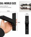 Real-world size of Kick Ass Ski Wall Mount Horizontal Display Rack For Poles And Boards, black ABS, 5.5 x 4.8 x 1.6 inches.