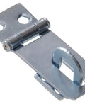 Heavy Duty Zinc Plated Steel Fixed Staple Safety Hasp With Fold Over Hinge For Locking Down Doors Gates Sheds And Toolboxes Padlock Ready close-up view with hinge.