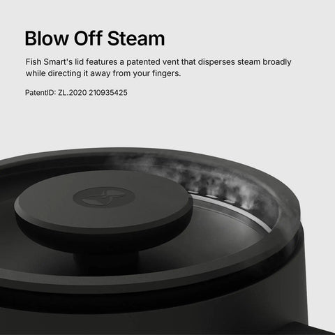 Fish Smart Electric Coffee Kettle 600ML Gooseneck Pour Over Kettle steam vent detail, 304 stainless steel black lid.