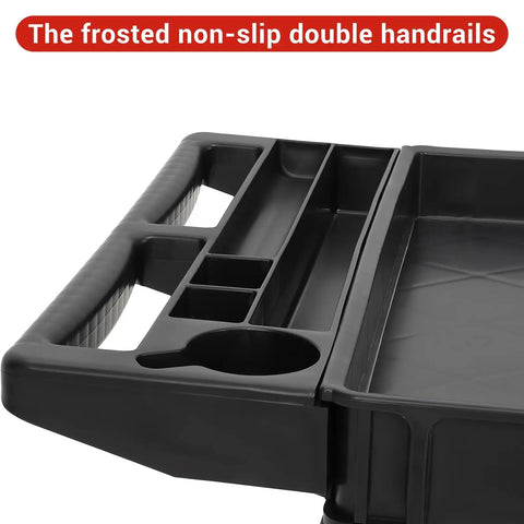Rock Solid Heavy Duty Two Shelf Foldable Utility Cart With 500 Pound Capacity And Smooth Rolling Casters That Glide Like A Dream For Garage Warehouse Tool Storage Jobs showing frosted non-slip double handrails.