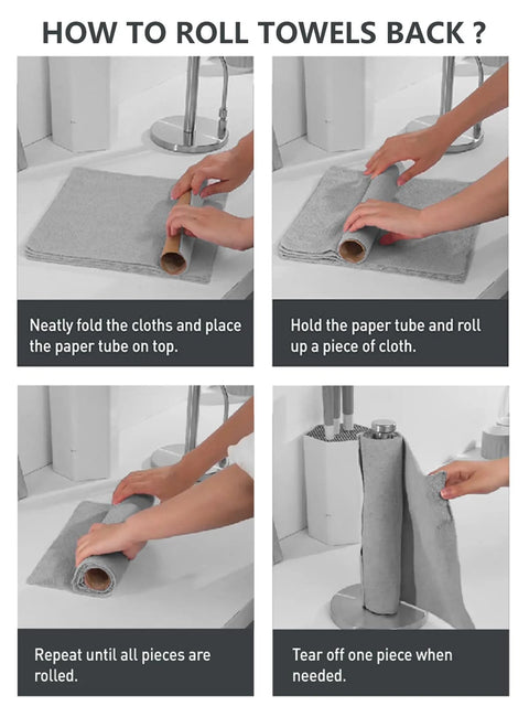 Fantasticlean microfiber cleaning cloth roll, gray towels; step-by-step infographic showing towels rolled around a cardboard tube.