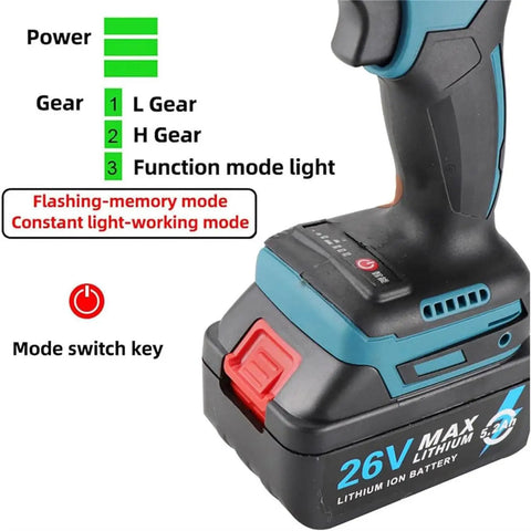 Beast Mode 26V Cordless Electric Rivet Gun With 2200Mah Battery, showing power and gear settings on battery.