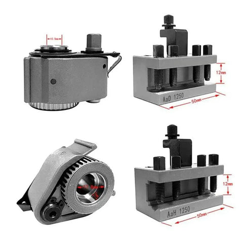 Quick Change Tool Post Holder For Mini Lathe With Multifix Style Pro Grade, shown with steel holders and gear profile