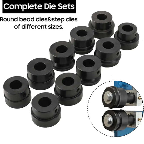 Complete die sets for Heavy Duty Sheet Metal Bead Roller With 18 Inch Throat Depth showing round bead and step dies.