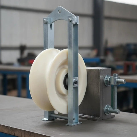Tough As Nails Railway Cable Pulley With Swivel Hook, Heavy Duty Galvanized Channel Steel Housing, Nylon Wheel Block For Overhead Line Rigging And Wire Rope Lifting Tasks, smooth nylon wheel and steel frame, 150mm size.