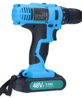 Heavy Duty Cordless Impact Hammer Drill With 48 Nm Adjustable Torque And Multi Speed Trigger For Drilling Wood Metal Concrete Tough As Nails Battery Powered Workhorse That Gets Any Job Done Smooth, blue and black design, 48V battery.