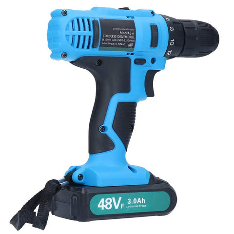 Heavy Duty Cordless Impact Hammer Drill With 48 Nm Adjustable Torque And Multi Speed Trigger For Drilling Wood Metal Concrete Tough As Nails Battery Powered Workhorse That Gets Any Job Done Smooth, blue and black design, 48V battery.