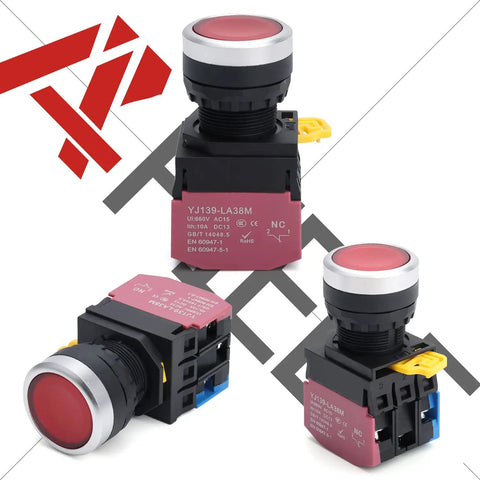 Heavy Duty 22 mm Latching Push Button Switch With Glow In Dark Red Led And Knuckle Bash Metal Cover For 110 Volt Tasks, showcasing a robust design and self-locking mechanism.