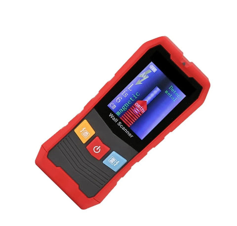 Badass Wall Scanner And Stud Finder Knocks Out Hidden Wood Studs Cables And Metal Wiring With Deep Scan Power, red handheld device with screen.