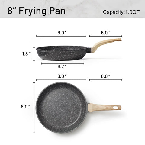 Eight Inch Nonstick Granite Frying Pan With Eco Safe Pfoa And Pfos Free Coating For Healthier Everyday Cooking dimensions showing 8" size