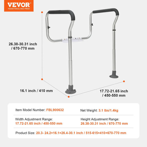 Built Tough Toilet Safety Rail With Padded Armrests, adjustable frame shown with dimensions and height, perfect for elderly support.