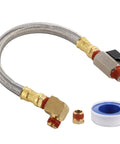 110V Automatic Timed Water Tank Drain Valve with 10-inch braided steel hose, 1/4 inch NPT threads, and elbow fitting for air compressor.
