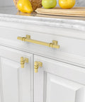 Slick 10 Pack Brushed Gold Kitchen Cabinet Handles 5 Inch Center To Hole Pulls For Wooden Drawers Cupboards Easy Mount shown on white cabinets.