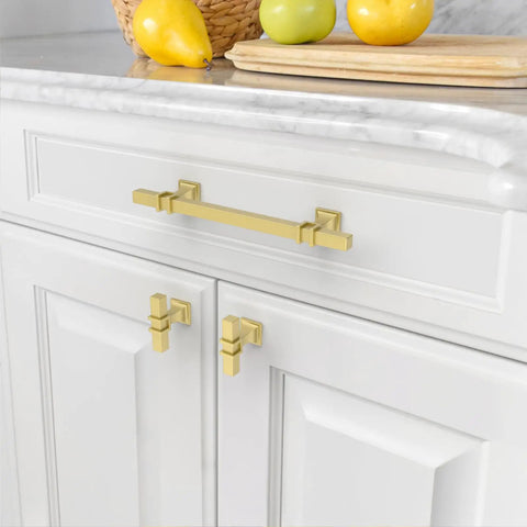 Slick 10 Pack Brushed Gold Kitchen Cabinet Handles 5 Inch Center To Hole Pulls For Wooden Drawers Cupboards Easy Mount shown on white cabinets.