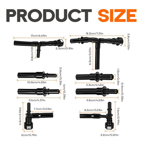 Universal EVAP Vapor Leak Detector Adapter Set size chart showing eight black plastic adapters for vehicle diagnostics.