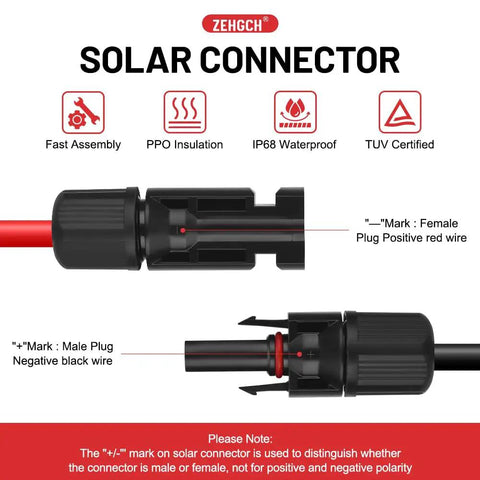 Built Tough 50A Solar Panel Connector With 10AWG Tinned Copper Extension Cable For Solar Generators Inverters And Battery Pack Chargers Five Foot Cord Length, showing detailed plug markings.