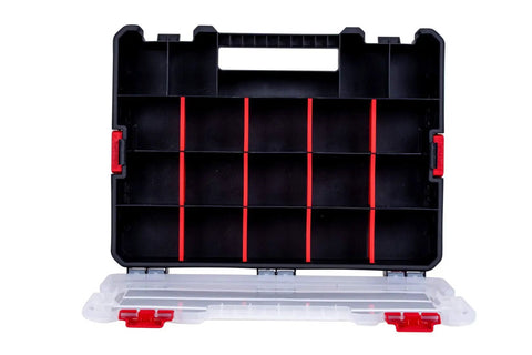 Open large box from 7 Pack Organizer Set With Removable Dividers And Multi Size Storage Boxes, showing compartments and red dividers.