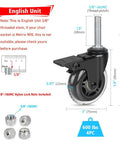 Top Tier 3 Inch Lockable Swivel Casters With Dead Silent Non Marking Rollers And 3/8 16 Threaded Stem Plus 1.5 Inch Stud dimensions illustration.